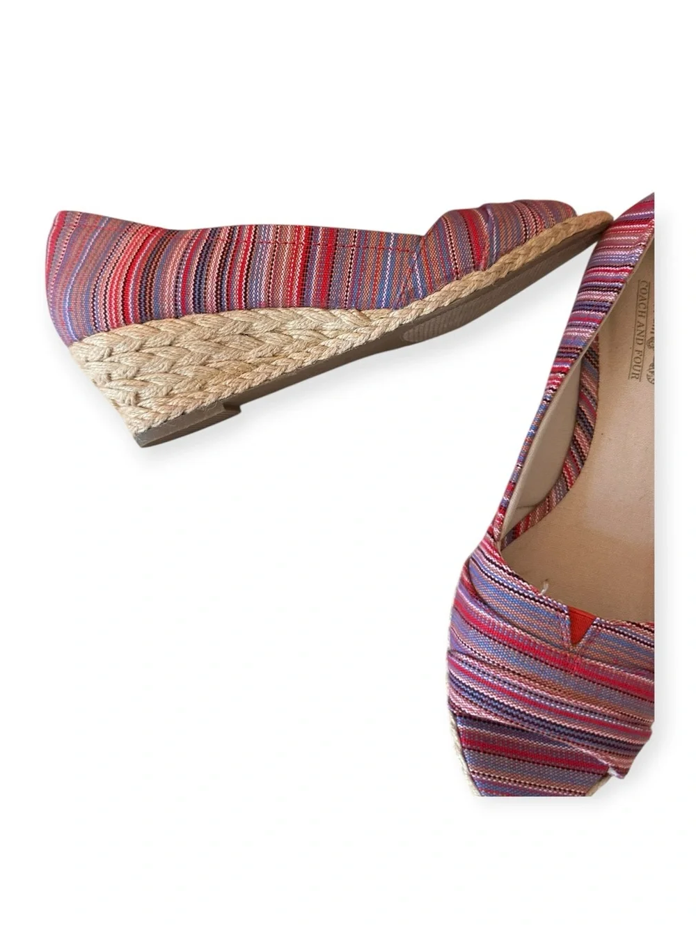 Coach and Four Red Multi-Striped Peep-Toe Wedges 6.5